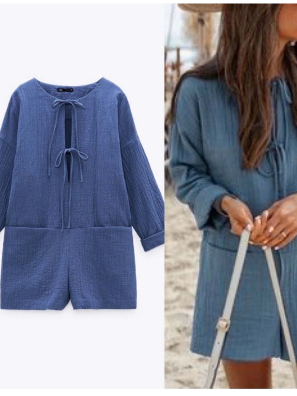 Zara Tie Front Cotton Gauze Coastal Blue Textured Romper
